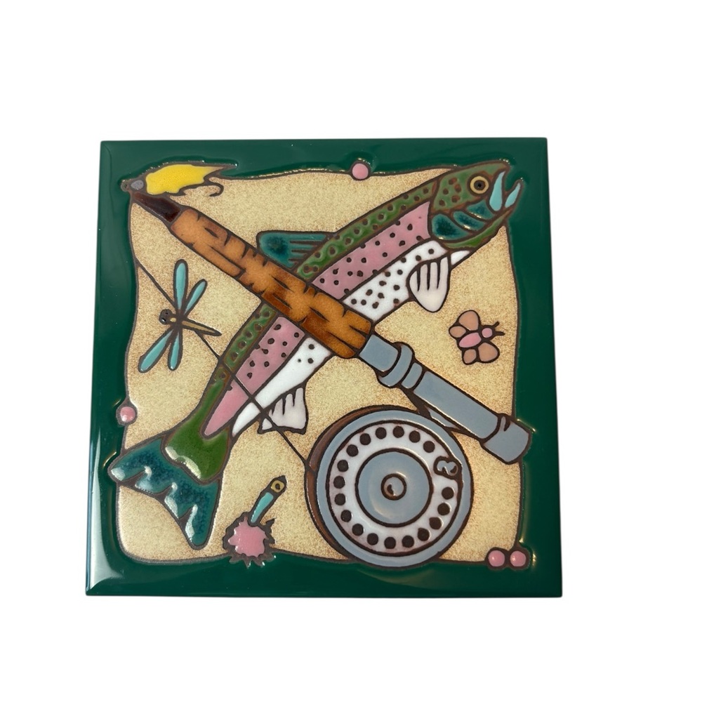 Masterworks Handcrafted Ceramic Fish Tile Trivet Hot‎ Plate Fishing Reel Lure